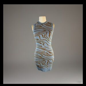 Sleeveless Zebra Print Knit Dress - Light Blue & Brown